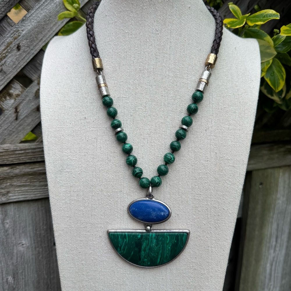 Lucky Brand Green and Blue Beaded Geometric Necklace 22”
